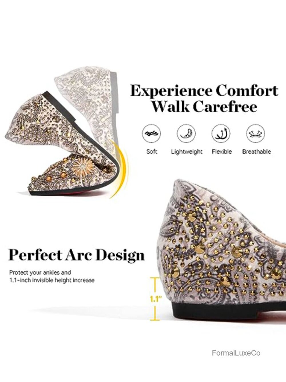 Women's Rhinestone Pointed Toe Flats Comfort Low Wedge Dressy Flats Lightweight - Picture 3 of 6